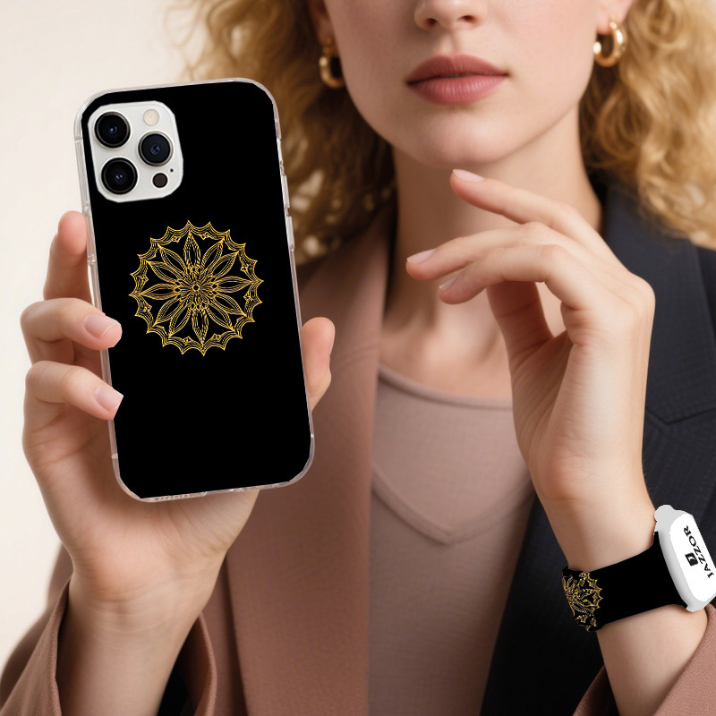 Chic Golden Patterns Unisex Silicone Watch Set, Gift Box